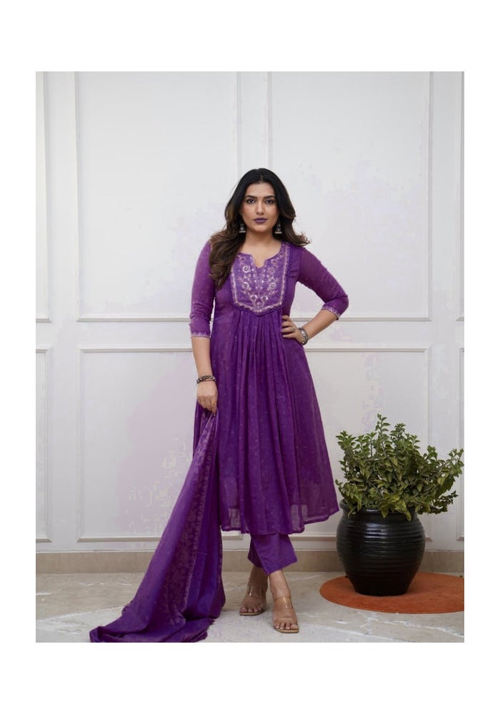 Malishka Export Purple Cotton Embroidery Anarkali Kurta Pant for Women - Image 1